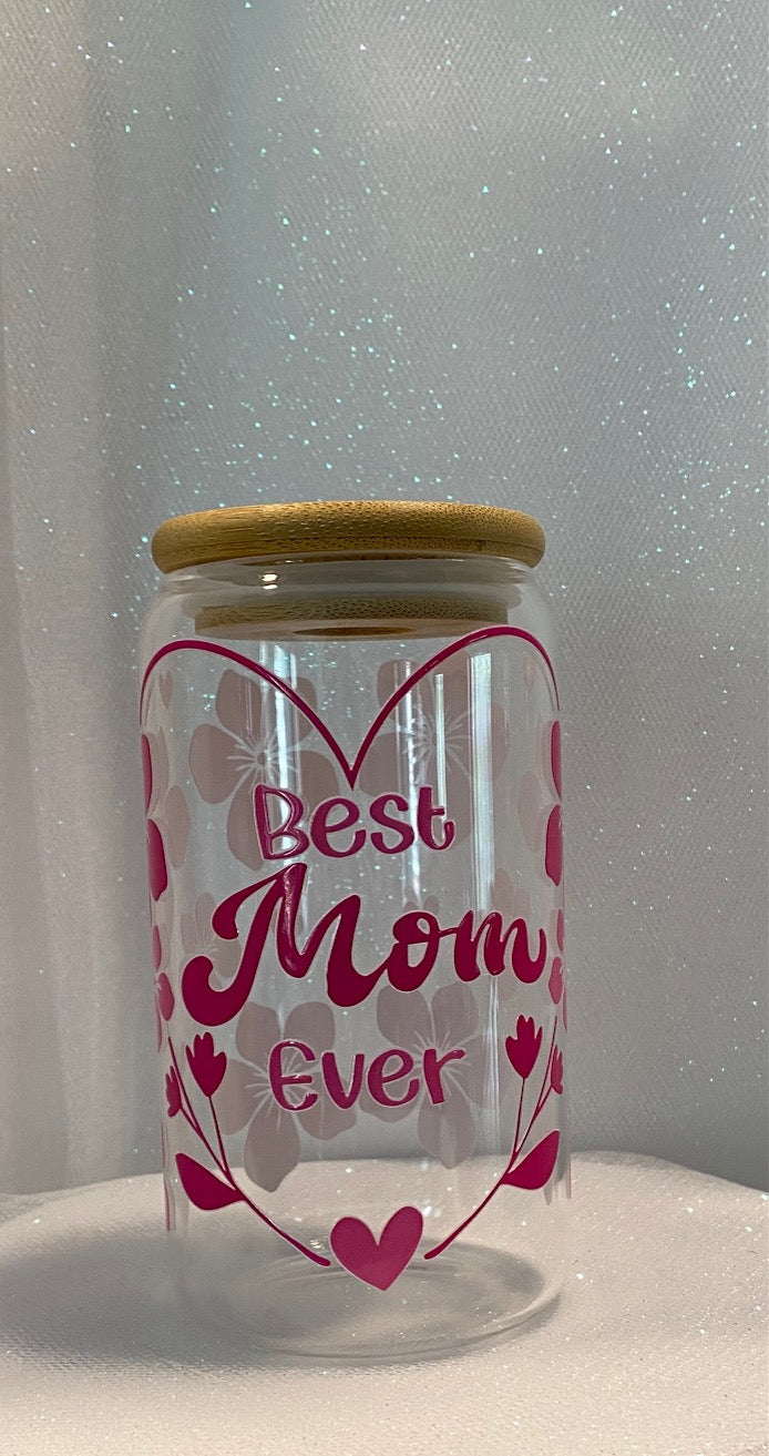 16 oz Glass Cups with Lids and Straws - Best Mom Ever