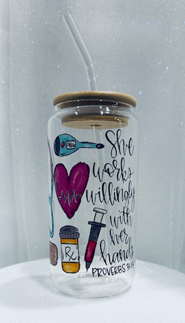 16 oz Glass Cups W/ Lids and Straws - She Works Willingly