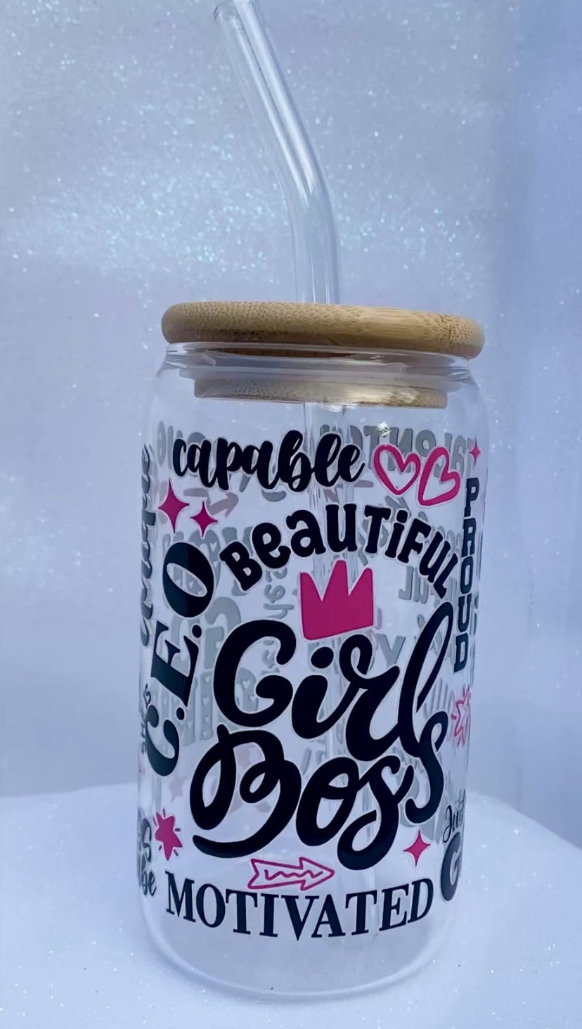 16 oz Glass Cups W/ Lids and Straws - Girl Boss