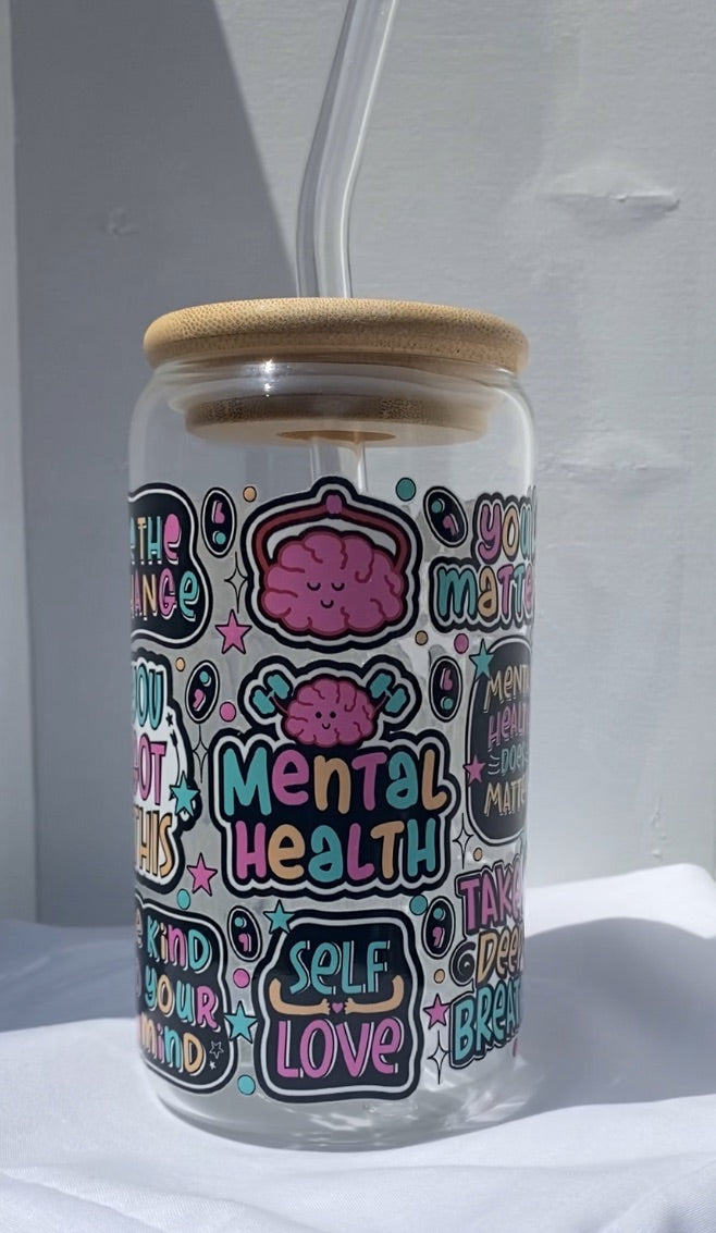 16 oz Glass Cups W/ Lids and Straws - Mental Health