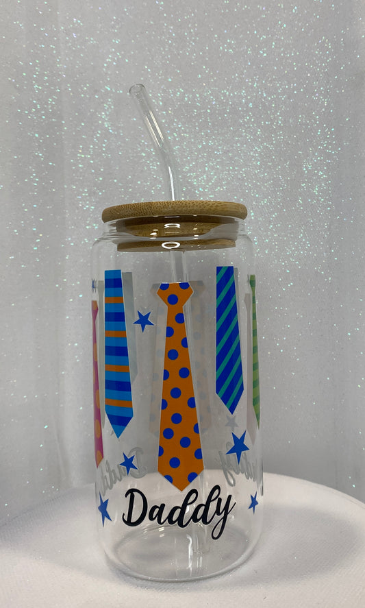 Daddy - 16 Oz Glass Cup with Lid and Straw