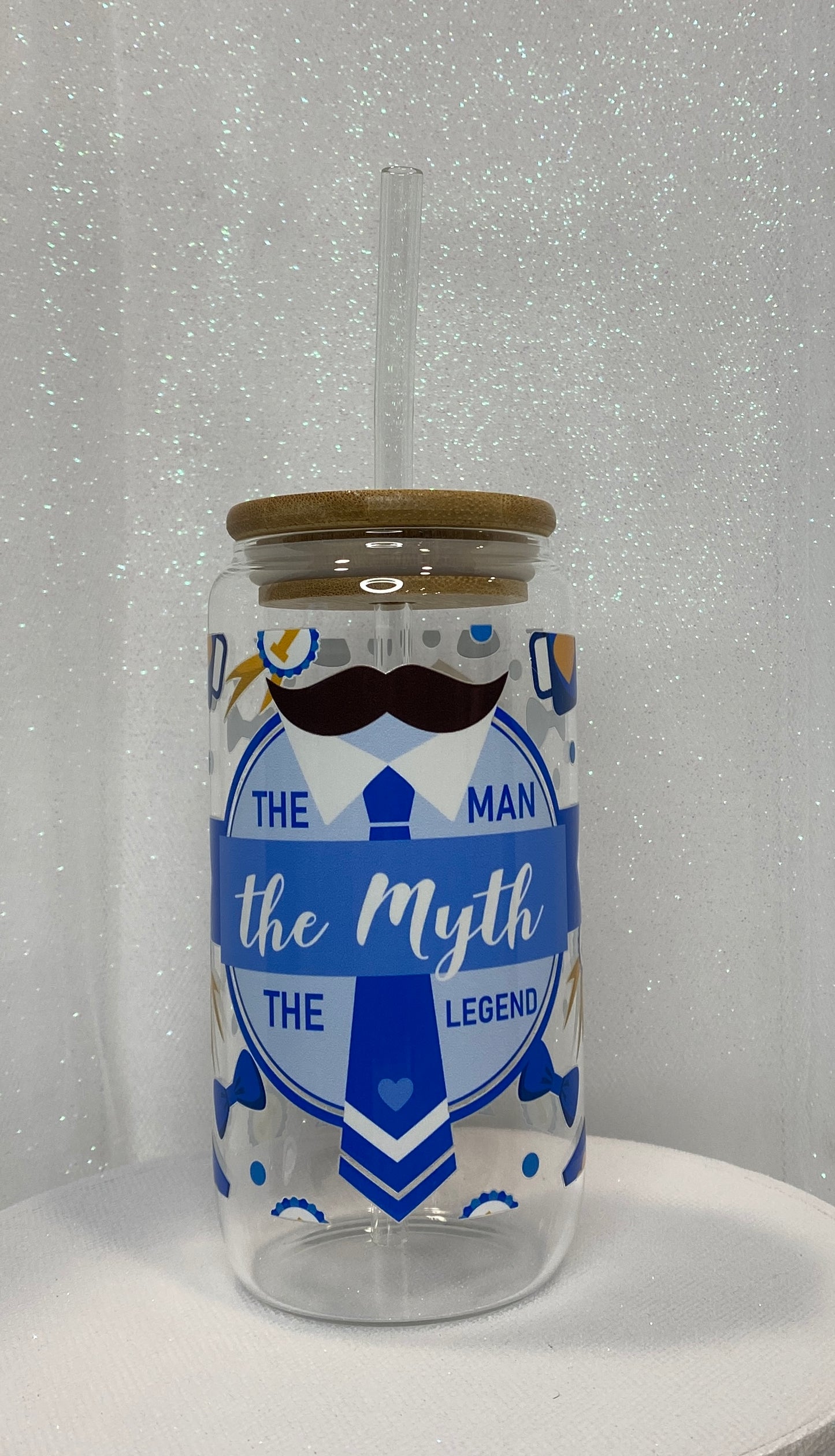 The Myth, The Man -  16 oz Glass Cup with Lid and Straw