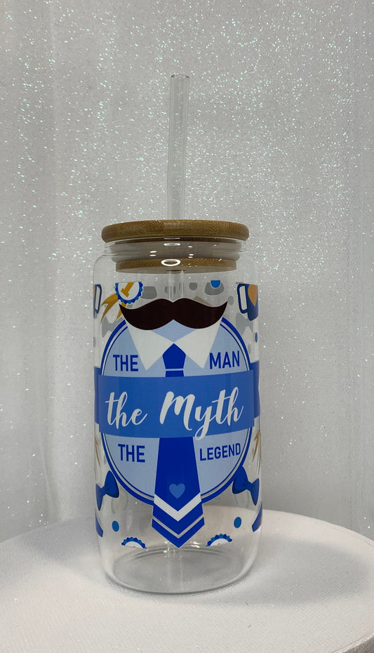The Myth, The Man -  16 oz Glass Cup with Lid and Straw