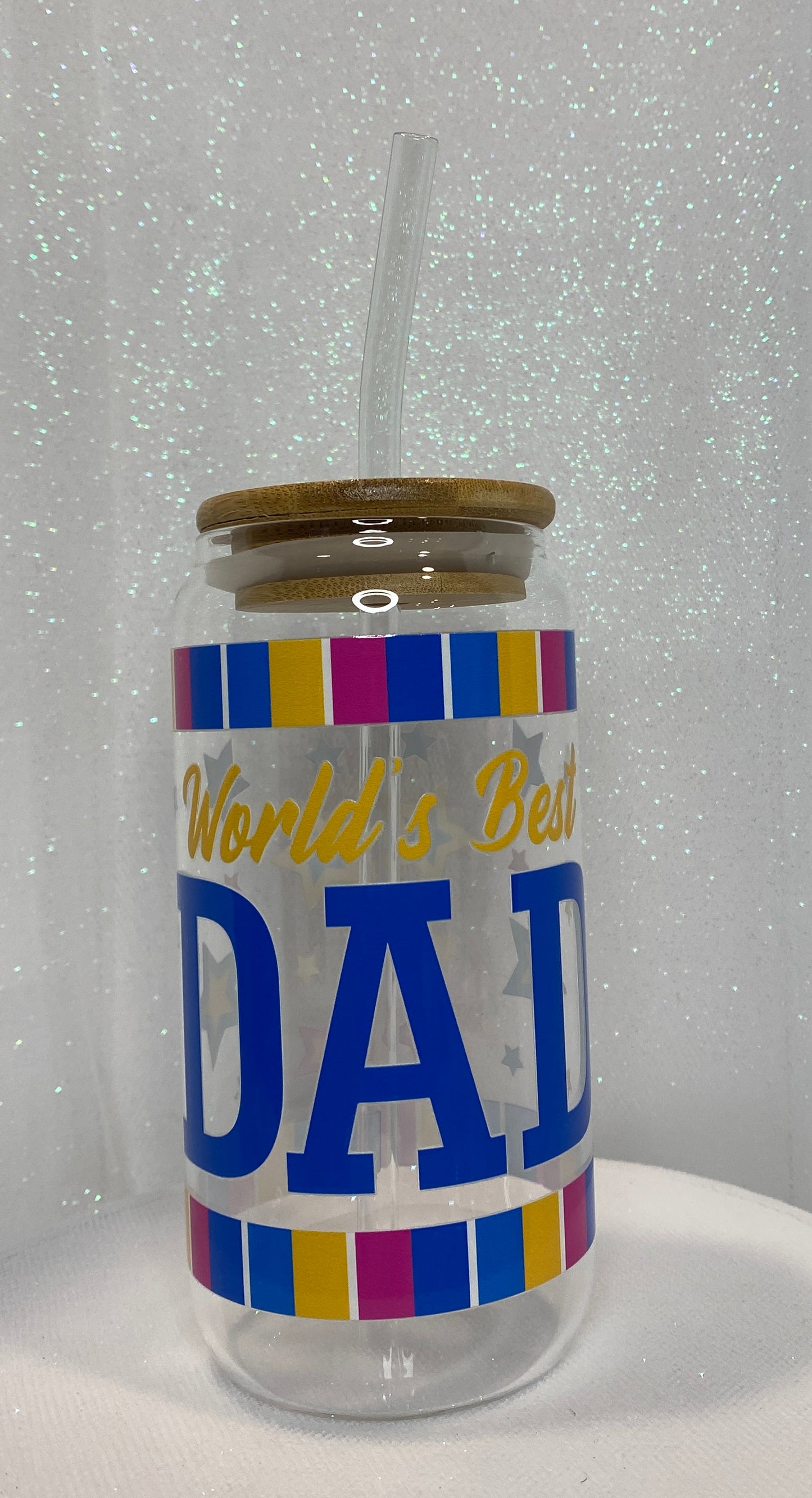 World’s Best Dad - 16 oz Glass Cup with Lid and Straw