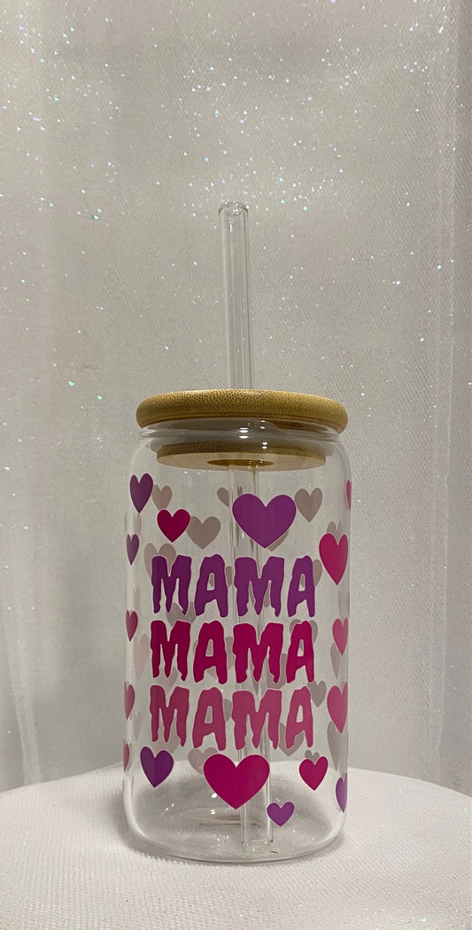 16 oz Glass Cups with Lids and Straws - Mama Mama Mama - Pink/Purple