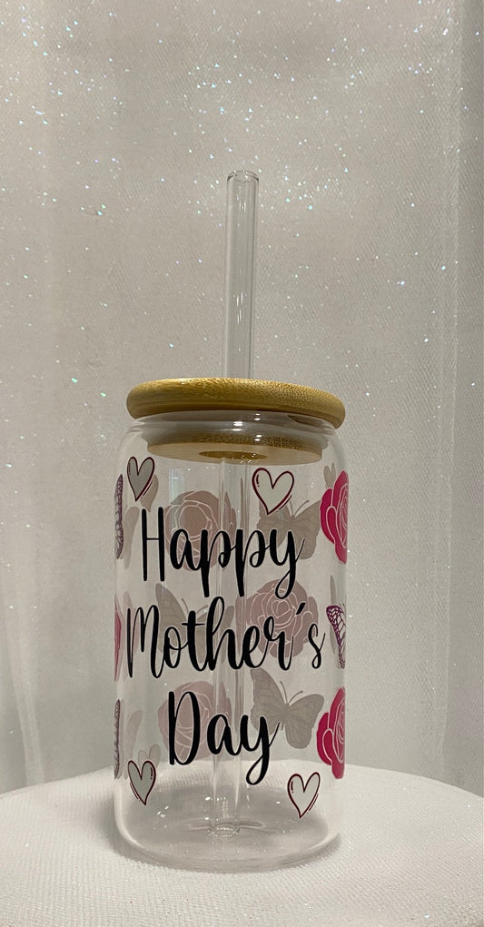 16 oz Glass Cups with Lids and Straws - Happy Mother's Day