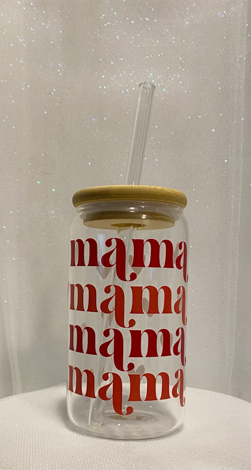 16 oz Glass Cups with Lids and Straws - Mama Mama Mama - Red