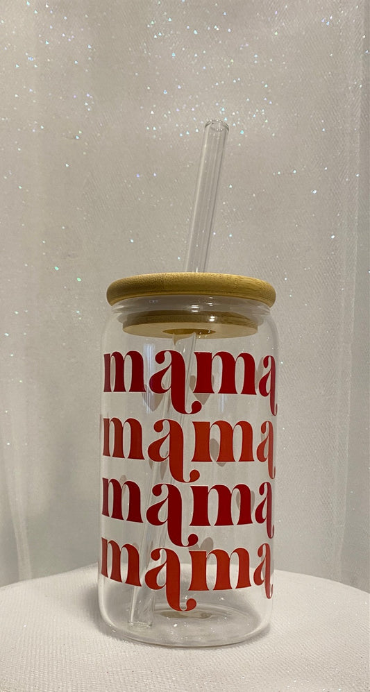 16 oz Glass Cups with Lids and Straws - Mama Mama Mama - Red