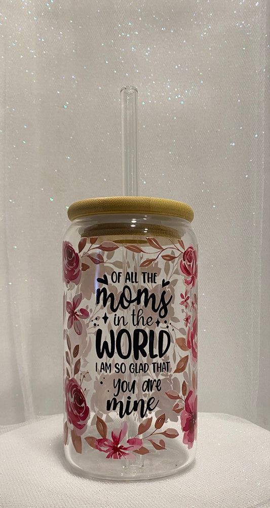 16 oz Glass Cups with Lids and Straws - Out Of All The Moms