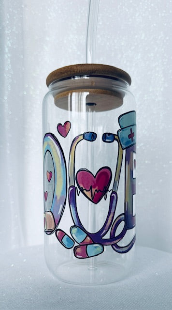 16 oz Glass Cups W/ Lids and Straws - Love