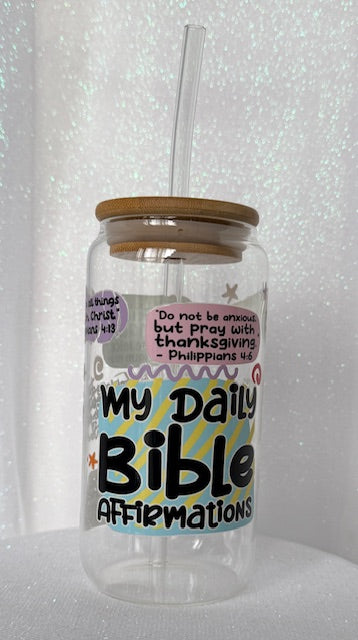 16 oz Glass Cups W/ Lids and Straws - Daily Bible Affirmations