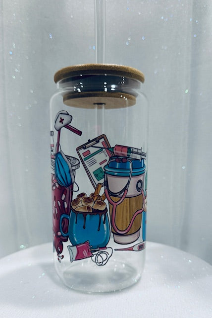 16 oz Glass Cups W/ Lids and Straws - Cup Gloves Needle