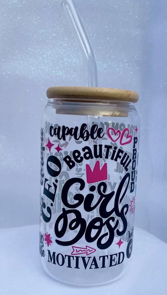 16 oz Glass Cups W/ Lids and Straws - Girl Boss