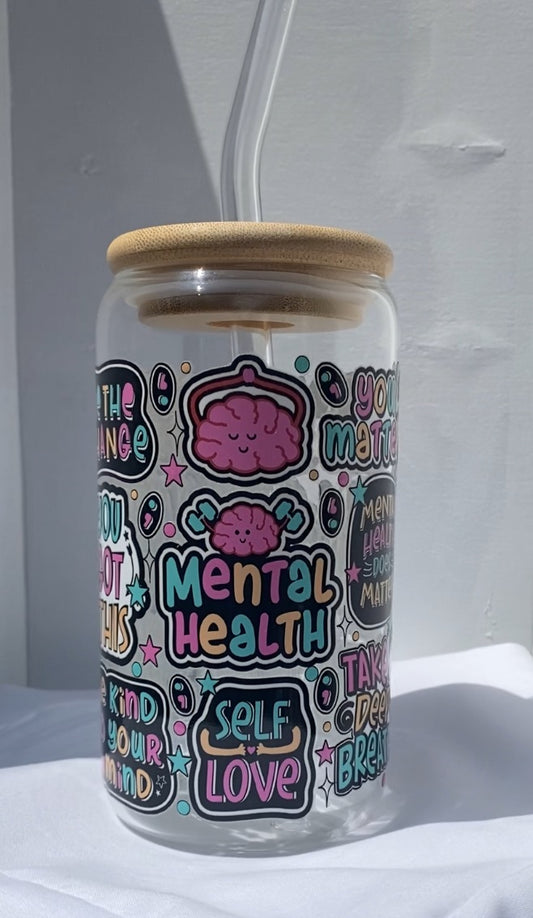 16 oz Glass Cups W/ Lids and Straws - Mental Health