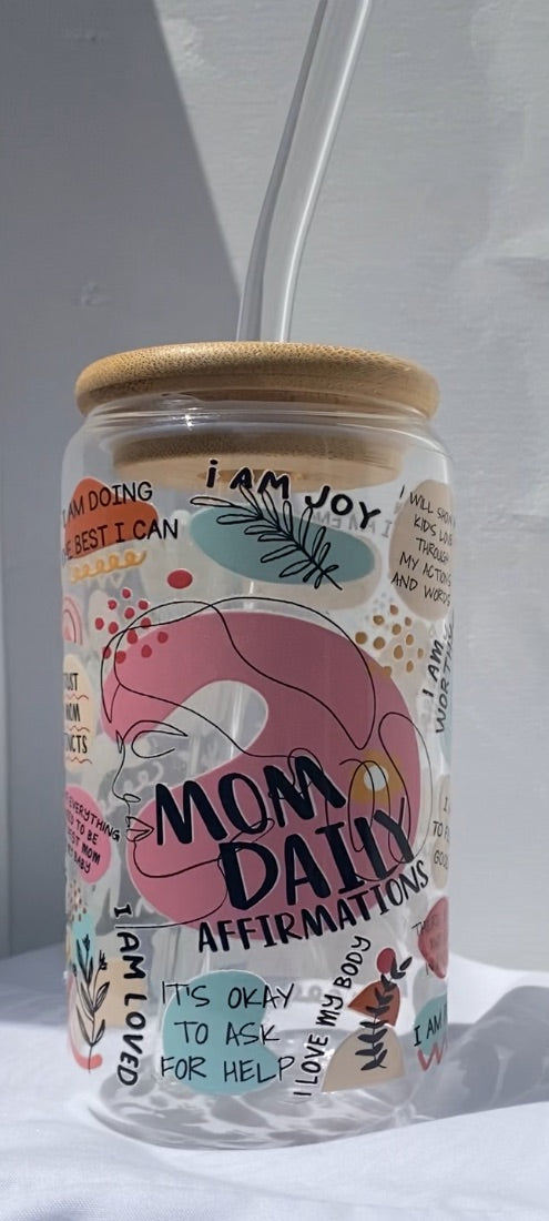 16 oz Glass Cups W/ Lids and Straws - Mom Daily Affirmations