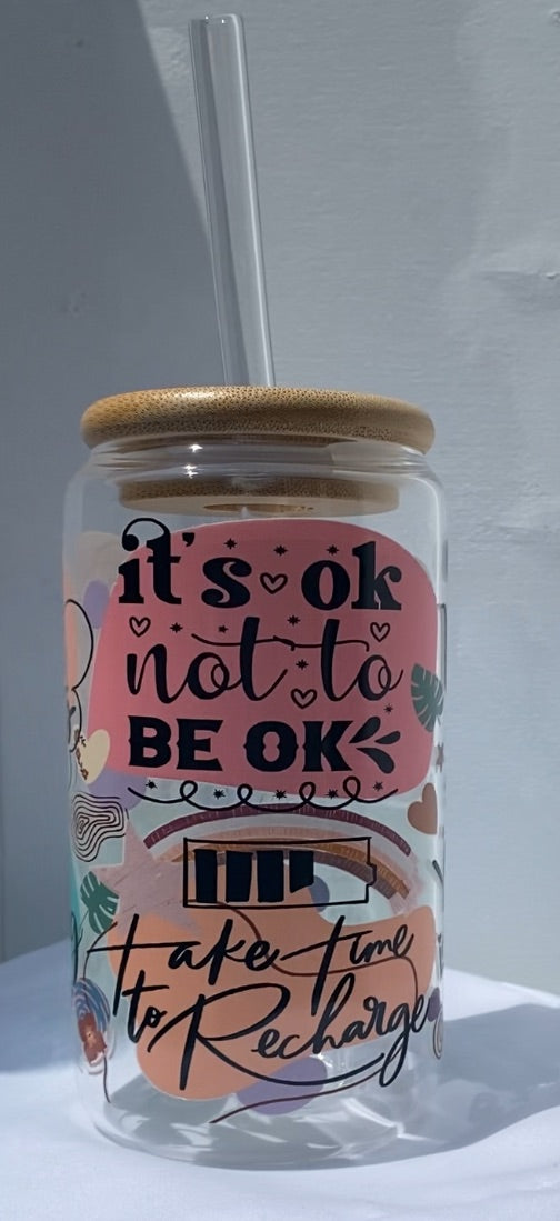 16 oz Glass Cups W/ Lids and Straws - It's Ok