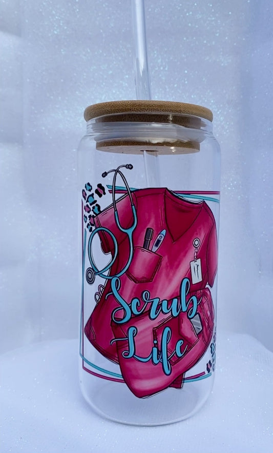 16 oz Glass Cups W/ Lids and Straws - Scrub Life 2
