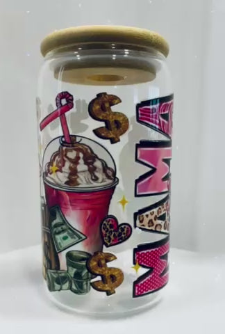 16oz Glass Cups W/ Lids and Straws - Mama/Wife/Boss